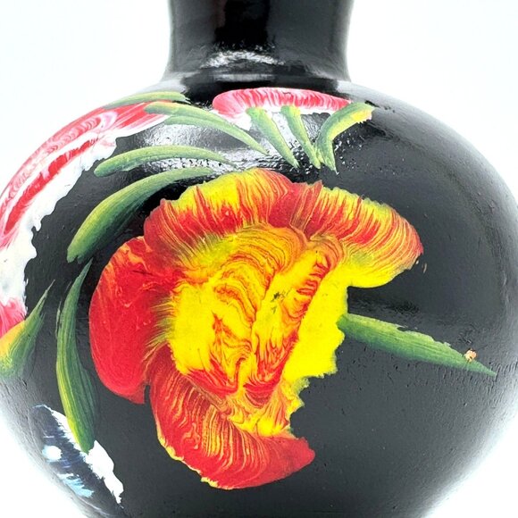 Ceramic Vase With Red & Yellow Floral Design Vintage Hand-Painted Black - Picture 5 of 12